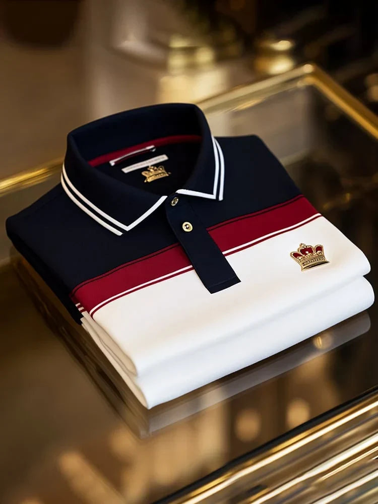 Men's Business Casual Logo Button Tricolor Short Sleeve Polo Shirt