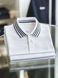 Men's Business Stripe Logo Print Cotton Blend Short Sleeve Polo Shirt