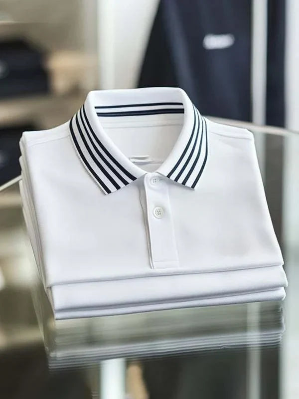 Men's Business Stripe Logo Print Cotton Blend Short Sleeve Polo Shirt