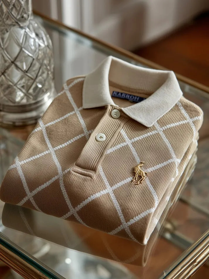 Men's Check Business Casual Short Sleeve Ribbed Knitting Polo Shirt