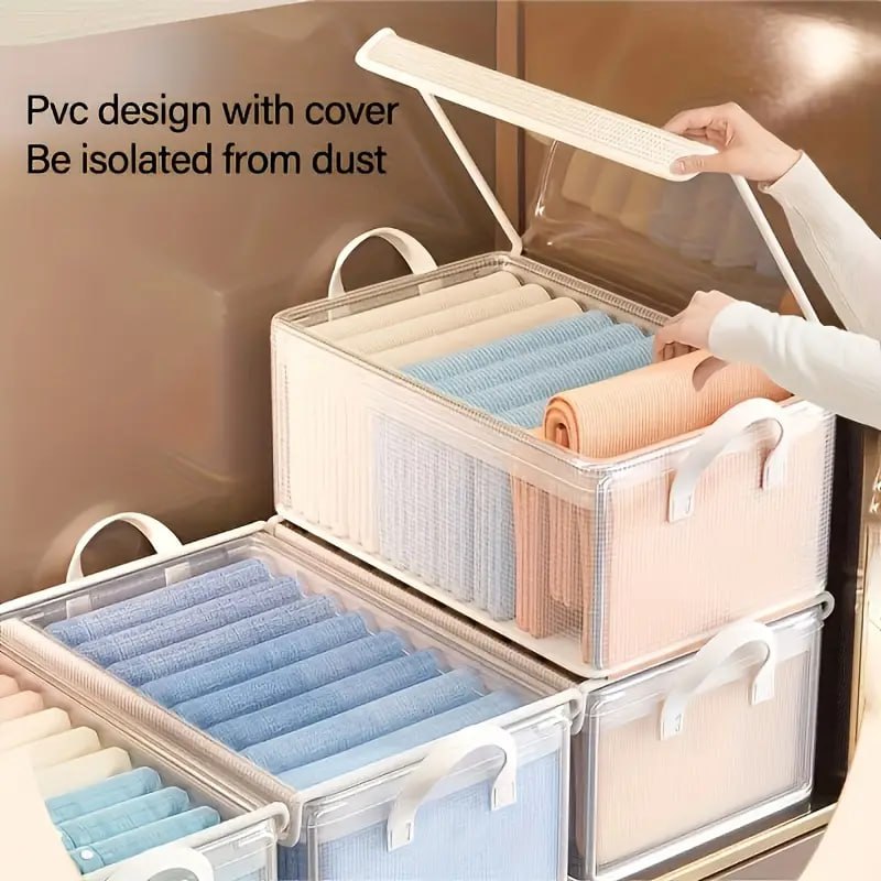 TRANSPARENT FOLDABLE CLOTH ORGANIZER 26L WITH LID Fabric Storage Box with Handle